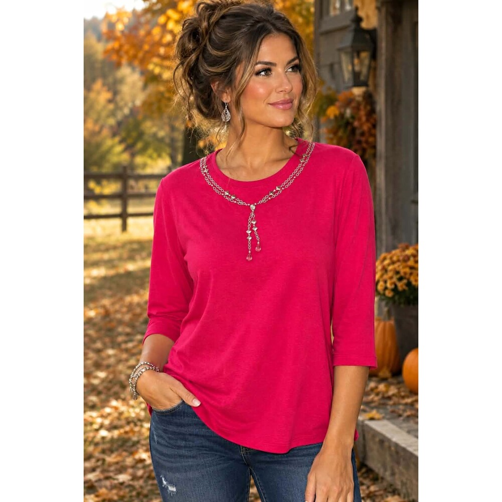 Beautiful Quacker Factory Women's Pink Solid Knit Beaded 3/4 Sleeve Top L